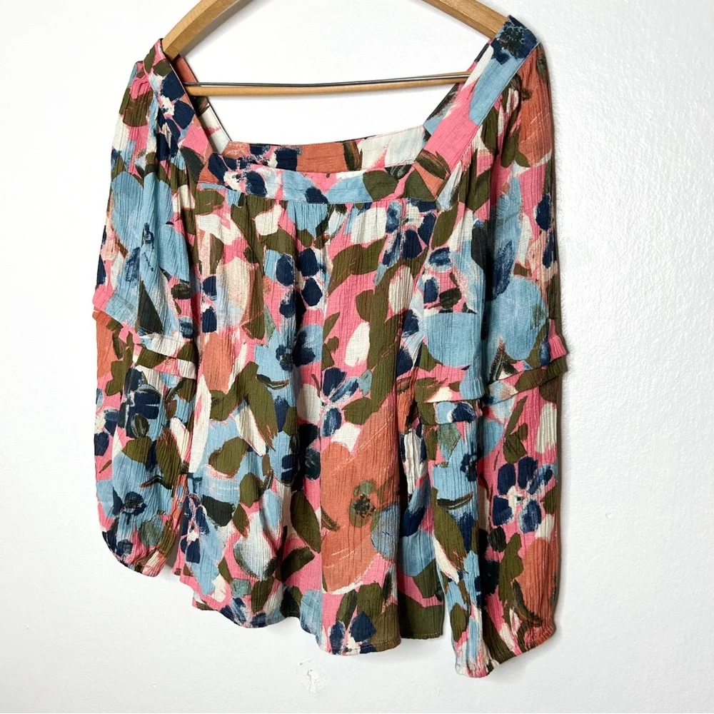 Zac‎ & Rachel Colorful Watercolor Floral Print Square Neck Peasant Blouse Medium